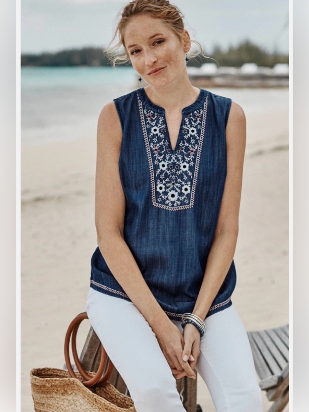 J.Jill Denim Embroidered Chambray Sleeveless Tunic Top Size Small Resort